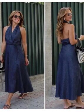 NWT Zara ZW Collection Halter neck Lightweight Denim Cotton Linen Midi Dress